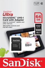 Карта памяти SanDisk microSD 64GB C10 UHS-I R100MB/s Ultra + SD SDSQUNR-064G-GN3MA фото