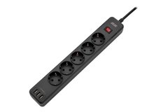 Сетевой фильтр 2E 5XSchuko с защитой от импульcных скачков напряжения, 3G*1.5мм, 3*USB-A, 2м, black