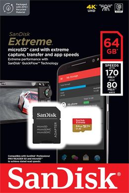 Карта памяти SanDisk microSD 64GB C10 UHS-I U3 R170/W80MB/s Extreme V30 + SD SDSQXAH-064G-GN6MA фото